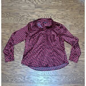 George Women's Red & Black Long Sleeve Button Up V-Neck Satin Blouse Top, Sz L